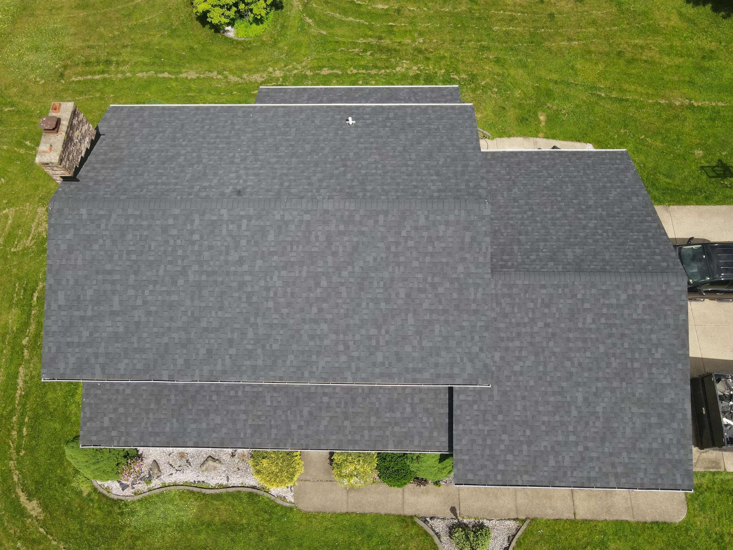 Drone aerial view completed roof Pittsburgh